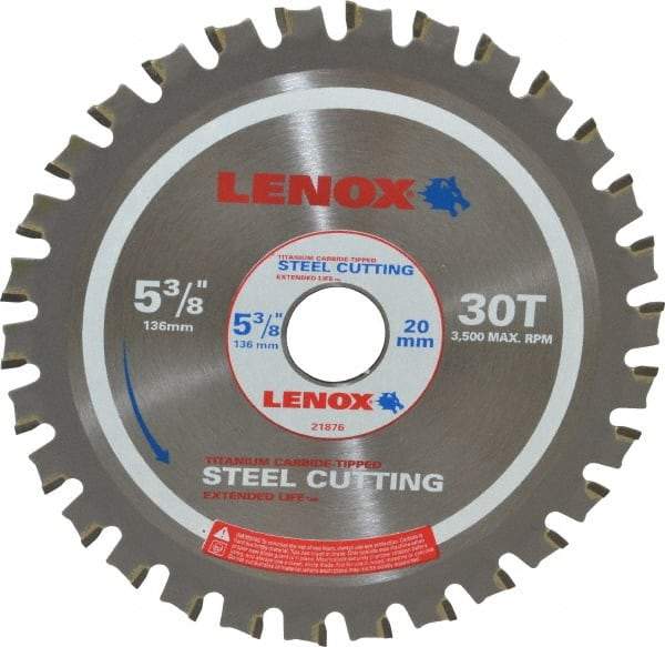 Lenox - 5-3/8" Diam, 20mm Arbor Hole Diam, 30 Tooth Wet & Dry Cut Saw Blade - Titanium Carbide-Tipped, General Purpose Action, Standard Round Arbor - Benchmark Tooling