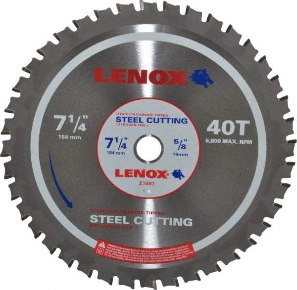 Lenox - 7-1/4" Diam, 5/8" Arbor Hole Diam, 40 Tooth Wet & Dry Cut Saw Blade - Titanium Carbide-Tipped, General Purpose Action, Standard Round Arbor - Benchmark Tooling