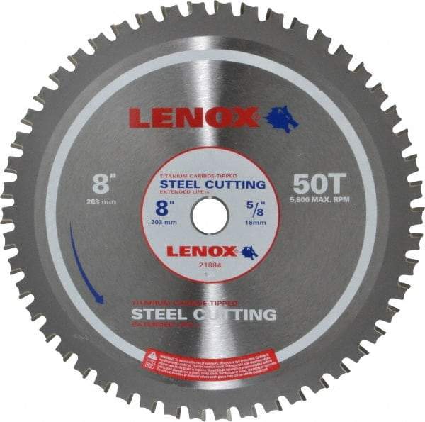 Lenox - 8" Diam, 5/8" Arbor Hole Diam, 50 Tooth Wet & Dry Cut Saw Blade - Titanium Carbide-Tipped, General Purpose Action, Standard Round Arbor - Benchmark Tooling