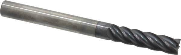 Accupro - 3/8", 1-1/2" LOC, 3/8" Shank Diam, 4" OAL, 5 Flute, Solid Carbide Square End Mill - Single End, AlTiN Finish, Spiral Flute, Variable° Helix, Centercutting, Right Hand Cut, Right Hand Flute - Benchmark Tooling