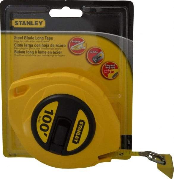 Stanley - 100' x 3/8" Yellow Blade Tape Measure - 1/8" Graduation, Inch Graduation Style, Yellow Case - Benchmark Tooling