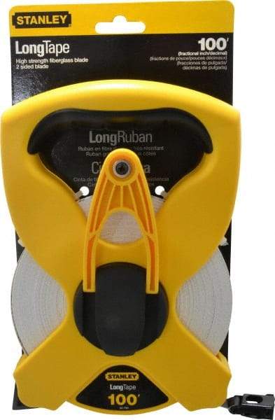 Stanley - 100' x 1/2" Tape Measure - 1/8" & 1/100 & 1/10' Graduation, Engineer Scale Graduation Style, Yellow/Black Case - Benchmark Tooling