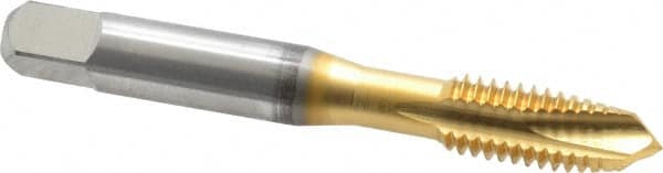 OSG - 3/8-16 UNC, 3 Flute, TiN Finish, High Speed Steel Spiral Point Tap - Plug Chamfer, Right Hand Thread, 2-15/16" OAL, 1-1/4" Thread Length, 0.381" Shank Diam, 2B Class of Fit, Series 288 - Exact Industrial Supply