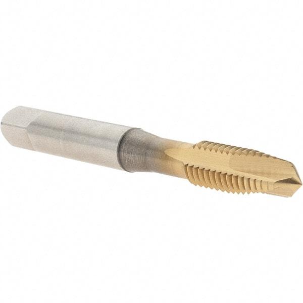 OSG - M8x1.25 Metric Coarse, 3 Flute, TiN Finish, High Speed Steel Spiral Point Tap - Plug Chamfer, Right Hand Thread, 2-23/32" OAL, 1-1/8" Thread Length, 0.318" Shank Diam, 6H Class of Fit, Series 288 - Exact Industrial Supply