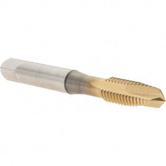 OSG - M8x1.25 Metric Coarse, 3 Flute, TiN Finish, High Speed Steel Spiral Point Tap - Plug Chamfer, Right Hand Thread, 2-23/32" OAL, 1-1/8" Thread Length, 0.318" Shank Diam, 6H Class of Fit, Series 288 - Exact Industrial Supply