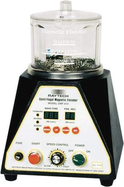 Raytech - 1/12 hp, 150 Grams Pin Capacity, Centrifugal Magnetic Finisher - 6" Bowl Diam, 115 Volts, with Variable Speed, Forward-Reverse Function & Programmable Timer - Benchmark Tooling