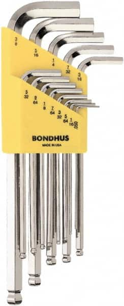 Bondhus - 13 Piece L-Key Ball End Hex Key Set - Hex Range 0.05 to 3/8", 7" OAL, Protanium High Torque Steel - Benchmark Tooling