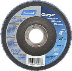 Norton - 60 Grit, 4-1/2" Disc Diam, 7/8" Center Hole, Type 29 Zirconia Alumina Flap Disc - 13,000 Max RPM, Fiberglass Backing, Arbor Attaching System, Coated - Benchmark Tooling