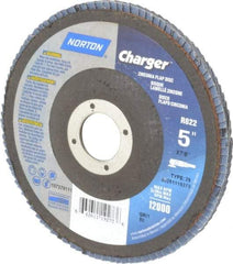 Norton - 80 Grit, 5" Disc Diam, 7/8" Center Hole, Type 29 Zirconia Alumina Flap Disc - 13,000 Max RPM, Fiberglass Backing, Coated - Benchmark Tooling