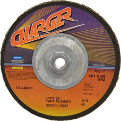 Norton - 40 Grit, 7" Disc Diam, 5/8-11 Center Hole, Type 29 Zirconia Alumina Flap Disc - 8,600 Max RPM, Fiberglass Backing, Coated - Benchmark Tooling