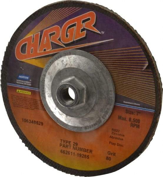 Norton - 80 Grit, 7" Disc Diam, 5/8-11 Center Hole, Type 29 Zirconia Alumina Flap Disc - 8,600 Max RPM, Fiberglass Backing, Coated - Benchmark Tooling