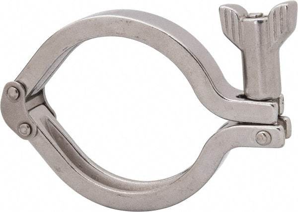 VNE - 2-1/2", Clamp Style, Sanitary Stainless Steel Pipe Double Hinged Clamp with Holed Wing Nut - Grade 304 - Benchmark Tooling