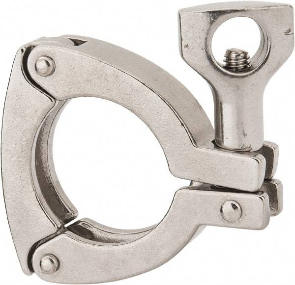 VNE - 1-1/2", Clamp Style, Sanitary Stainless Steel Pipe Three Piece Clamp with Holed Wing Nut - Grade 304 - Benchmark Tooling