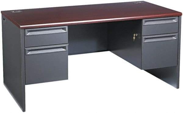 Hon - Woodgrain Laminate/Metal Double Pedestal Desk - 60" Wide x 30" Deep x 29" High, Mahogany/Charcoal - Benchmark Tooling