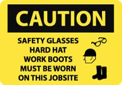 NMC - "Caution - Safety Glasses Hard Hat Work Boots Must Be Worn On This Jobsite", 20" Long x 28" Wide, Rigid Plastic Safety Sign - Rectangle, 0.05" Thick, Use for Accident Prevention - Benchmark Tooling