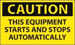 NMC - Accident Prevention Label, Header: CAUTION - Legend: Caution - This Equipment Starts and Stops Automatically, English, Black & Yellow, 5" Long x 3" High, Sign Muscle Finish - Benchmark Tooling