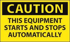 NMC - Accident Prevention Label, Header: CAUTION - Legend: Caution - This Equipment Starts and Stops Automatically, English, Black & Yellow, 5" Long x 3" High, Sign Muscle Finish - Benchmark Tooling