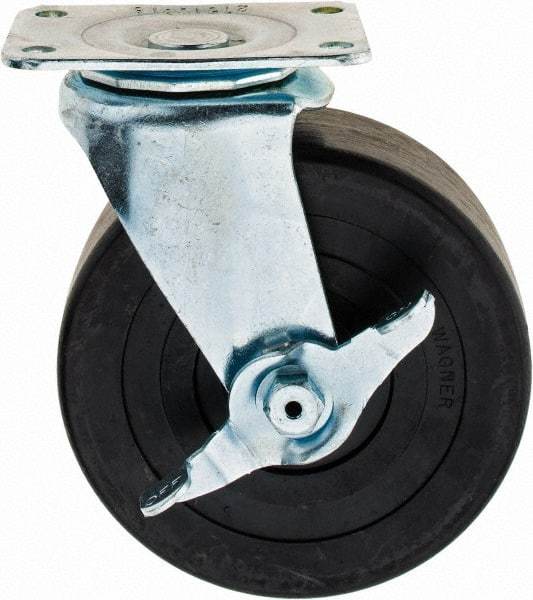 E.R. Wagner - 5" Diam x 2" Wide x 6" OAH Top Plate Mount Swivel Caster with Brake - Hard Rubber, 450 Lb Capacity, 2-3/4 x 3-3/4" Plate - Benchmark Tooling
