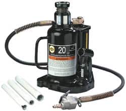 Omega Lift Equipment - 20 Ton Capacity Air-Actuated Bottle Jack - 9-3/4" to 18-3/4" High, 6" Piston Stroke, 3-7/8" Screw Length, 2" Screw Diam, 2" Plunger Diam, 7-1/4" Wide Base - Benchmark Tooling