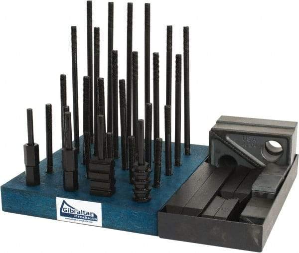 Gibraltar - 50 Piece Fixturing Step Block & Clamp Set with 1" Step Block, 7/16" T-Slot, 3/8-16 Stud Thread - 11/16" Nut Width, 3, 4, 5, 6, 7 & 8" Stud Lengths - Benchmark Tooling