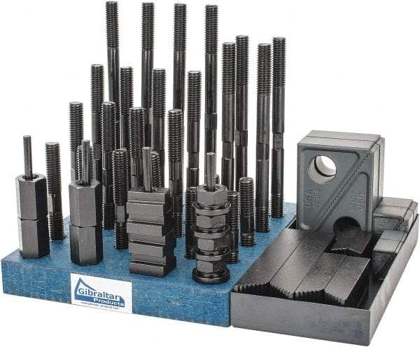 Gibraltar - 50 Piece Fixturing Step Block & Clamp Set with 1" Step Block, 5/8" T-Slot, 1/2-13 Stud Thread - 1" Nut Width, 3, 4, 5, 6, 7 & 8" Stud Lengths - Benchmark Tooling