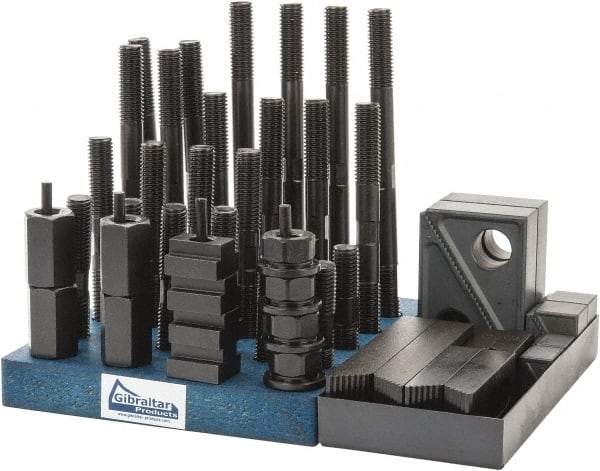 Gibraltar - 50 Piece Fixturing Step Block & Clamp Set with 1" Step Block, 11/16" T-Slot, 5/8-11 Stud Thread - 1-1/8" Nut Width, 3, 4, 5, 6, 7 & 8" Stud Lengths - Benchmark Tooling