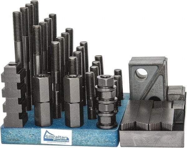 Gibraltar - 50 Piece Fixturing Step Block & Clamp Set with 1" Step Block, 13/16" T-Slot, 5/8-11 Stud Thread - 1-1/4" Nut Width, 3, 4, 5, 6, 7 & 8" Stud Lengths - Benchmark Tooling