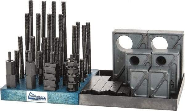 Gibraltar - 50 Piece Fixturing Step Block & Clamp Set with 1-1/2" Step Block, 9/16" T-Slot, 1/2-13 Stud Thread - 7/8" Nut Width, 3, 4, 5, 6, 7 & 8" Stud Lengths - Benchmark Tooling