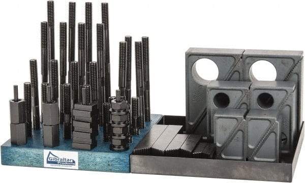 Gibraltar - 50 Piece Fixturing Step Block & Clamp Set with 1-1/2" Step Block, 5/8" T-Slot, 1/2-13 Stud Thread - 1" Nut Width, 3, 4, 5, 6, 7 & 8" Stud Lengths - Benchmark Tooling