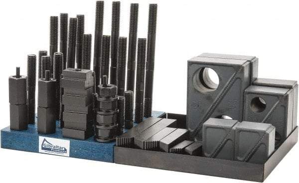 Gibraltar - 50 Piece Fixturing Step Block & Clamp Set with 1-1/2" Step Block, 13/16" T-Slot, 5/8-11 Stud Thread - 1-1/4" Nut Width, 3, 4, 5, 6, 7 & 8" Stud Lengths - Benchmark Tooling