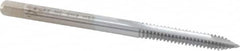 Made in USA - #6-32 UNC, 2 Flute, Chrome Finish, High Speed Steel Spiral Point Tap - Plug Chamfer, Right Hand Thread, 2" OAL, 11/16" Thread Length, 0.141" Shank Diam, 2B Class of Fit - Exact Industrial Supply