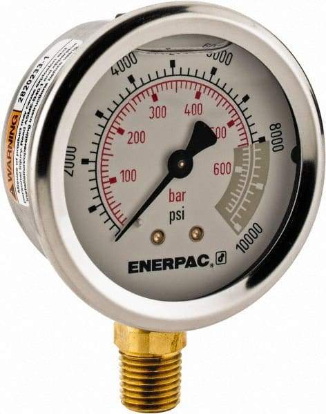 Enerpac - 0 to 10,000 psi Pressure Rating, 1/4 NPTF Gauge Connection, Hydraulic Pressure Liquid Filled Gage - 2-1/2" Face Diam - Benchmark Tooling