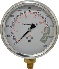 Enerpac - 0 to 10,000 psi Pressure Rating, 1/4 NPTF Gauge Connection, Hydraulic Pressure Liquid Filled Gage - 4" Face Diam - Benchmark Tooling