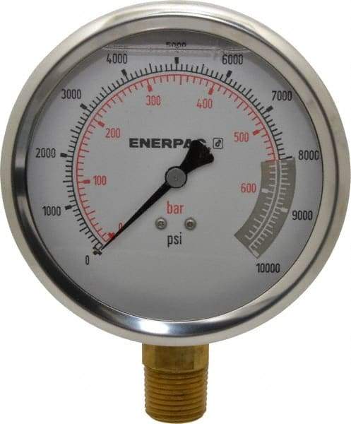 Enerpac - 0 to 10,000 psi Pressure Rating, 1/2 NPTF Gauge Connection, Hydraulic Pressure Liquid Filled Gage - 4" Face Diam - Benchmark Tooling