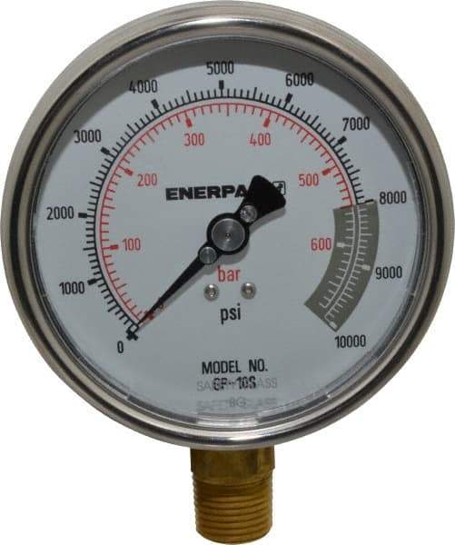 Enerpac - 0 to 10,000 psi Pressure Rating, 1/2 NPTF Gauge Connection, Hydraulic Pressure Dry Gage - 4" Face Diam - Benchmark Tooling