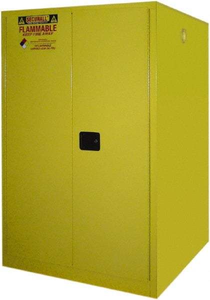 Securall Cabinets - 43" Wide x 31" Deep x 65" High, 18 Gauge Steel Vertical Drum Cabinet with 3 Point Key Lock - Yellow, Manual Closing Door, 1 Shelf, 2 Drums, Drum Rollers Included - Benchmark Tooling