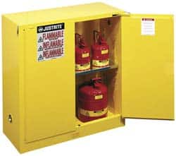 Justrite - 2 Door, 1 Shelf, Yellow Steel Standard Safety Cabinet for Flammable and Combustible Liquids - 44" High x 43" Wide x 18" Deep, Self Closing Door, 3 Point Key Lock, 30 Gal Capacity - Benchmark Tooling