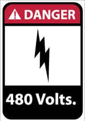 NMC - "Danger - 480 Volts", 14" Long x 10" Wide, Pressure-Sensitive Vinyl Safety Sign - Rectangle, 0.004" Thick, Use for Accident Prevention - Benchmark Tooling