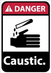 NMC - "Danger - Caustic", 14" Long x 10" Wide, Pressure-Sensitive Vinyl Safety Sign - Rectangle, 0.004" Thick, Use for Hazardous Materials - Benchmark Tooling