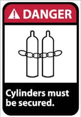 NMC - "Danger - Cylinders Must Be Secured", 14" Long x 10" Wide, Pressure-Sensitive Vinyl Safety Sign - Rectangle, 0.004" Thick, Use for Accident Prevention - Benchmark Tooling