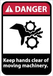 NMC - "Danger - Keep Hands Clear of Moving Machinery", 14" Long x 10" Wide, Pressure-Sensitive Vinyl Safety Sign - Rectangle, 0.004" Thick, Use for Accident Prevention - Benchmark Tooling