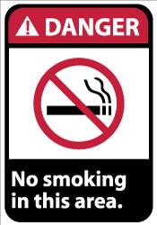 NMC - "Danger - No Smoking in This Area", 14" Long x 10" Wide, Pressure-Sensitive Vinyl Safety Sign - Rectangle, 0.004" Thick, Use for Accident Prevention - Benchmark Tooling