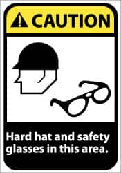 NMC - "Caution - Hard Hat and Safety Glasses in This Area", 14" Long x 10" Wide, Rigid Plastic Safety Sign - Rectangle, 0.05" Thick, Use for Accident Prevention - Benchmark Tooling