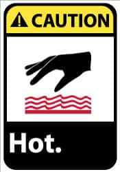 NMC - "Caution - Hot", 14" Long x 10" Wide, Pressure-Sensitive Vinyl Safety Sign - Rectangle, 0.004" Thick, Use for Hazardous Materials - Benchmark Tooling