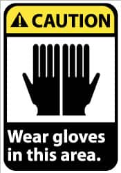 NMC - "Caution - Wear Gloves in This Area", 14" Long x 10" Wide, Pressure-Sensitive Vinyl Safety Sign - Rectangle, 0.004" Thick, Use for Accident Prevention - Benchmark Tooling