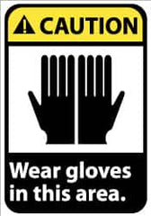 NMC - "Caution - Wear Gloves in This Area", 14" Long x 10" Wide, Pressure-Sensitive Vinyl Safety Sign - Rectangle, 0.004" Thick, Use for Accident Prevention - Benchmark Tooling