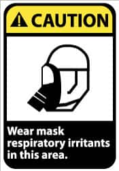 NMC - "Caution - Wear Mask - Respiratory Irritants in This Area", 14" Long x 10" Wide, Pressure-Sensitive Vinyl Safety Sign - Rectangle, 0.004" Thick, Use for Accident Prevention - Benchmark Tooling