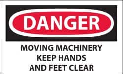 NMC - Accident Prevention Label, Header: DANGER - Legend: Danger - Moving Machinery - Keep Hands and Feet Clear, English, Red, Black & White, 5" Long x 3" High, Sign Muscle Finish - Benchmark Tooling