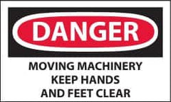 NMC - Accident Prevention Label, Header: DANGER - Legend: Danger - Moving Machinery - Keep Hands and Feet Clear, English, Red, Black & White, 5" Long x 3" High, Sign Muscle Finish - Benchmark Tooling