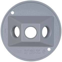 Cooper Crouse-Hinds - 3 Outlet, 1/2" Hole Diam, Powder Coat Finish, Round Noncorrosive Weatherproof Box Cover - 4-1/2" Wide x 9/16" High, Wet Locations, Aluminum, UL Listed - Benchmark Tooling